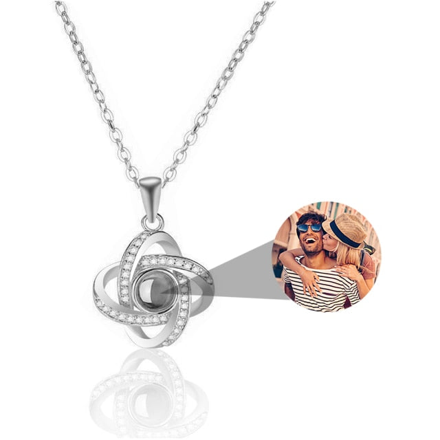 Personalized 4 Leaves Crystal Rose Projection Necklace Custom Photo Name Pendant