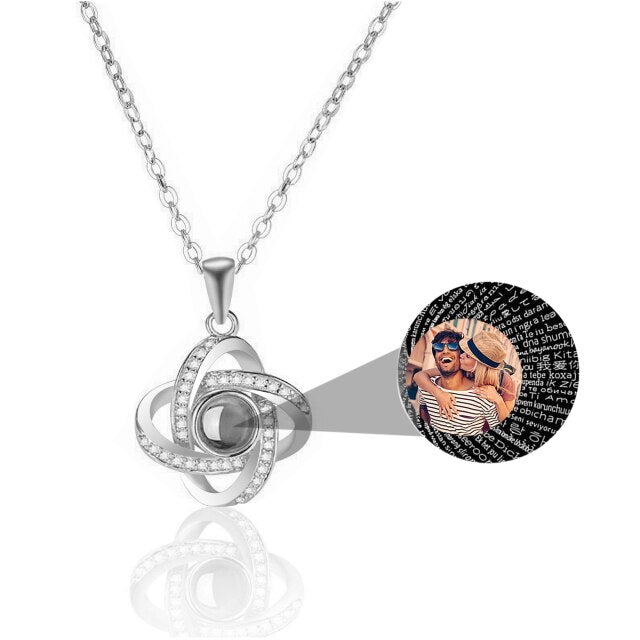 Personalized 4 Leaves Crystal Rose Projection Necklace Custom Photo Name Pendant