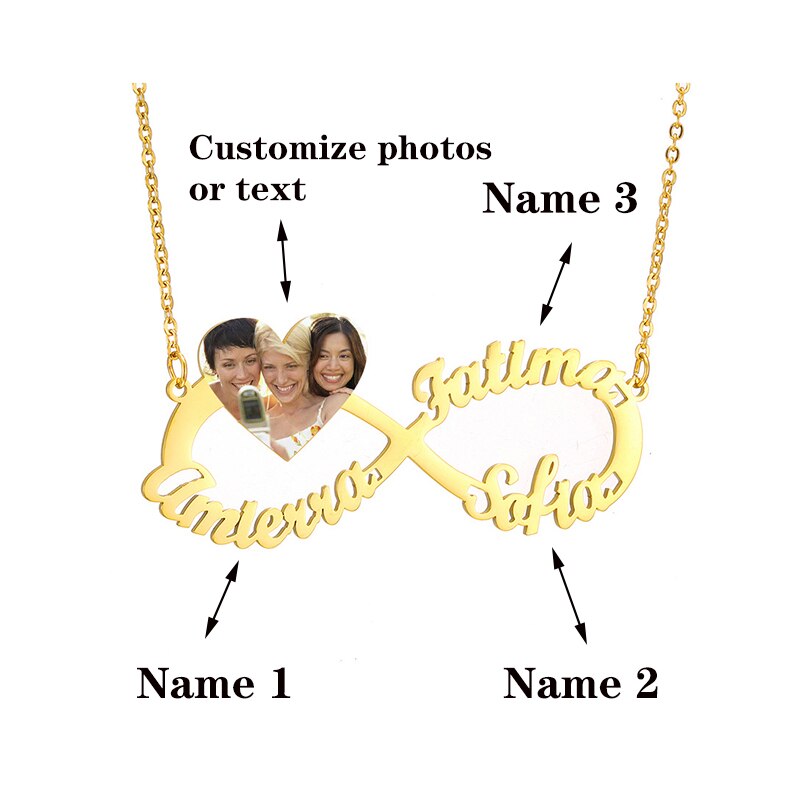 Collana con targhetta a cuore a forma di simbolo di infinito in acciaio personalizzato Ciondolo con nome inciso con testo fotografico personalizzato