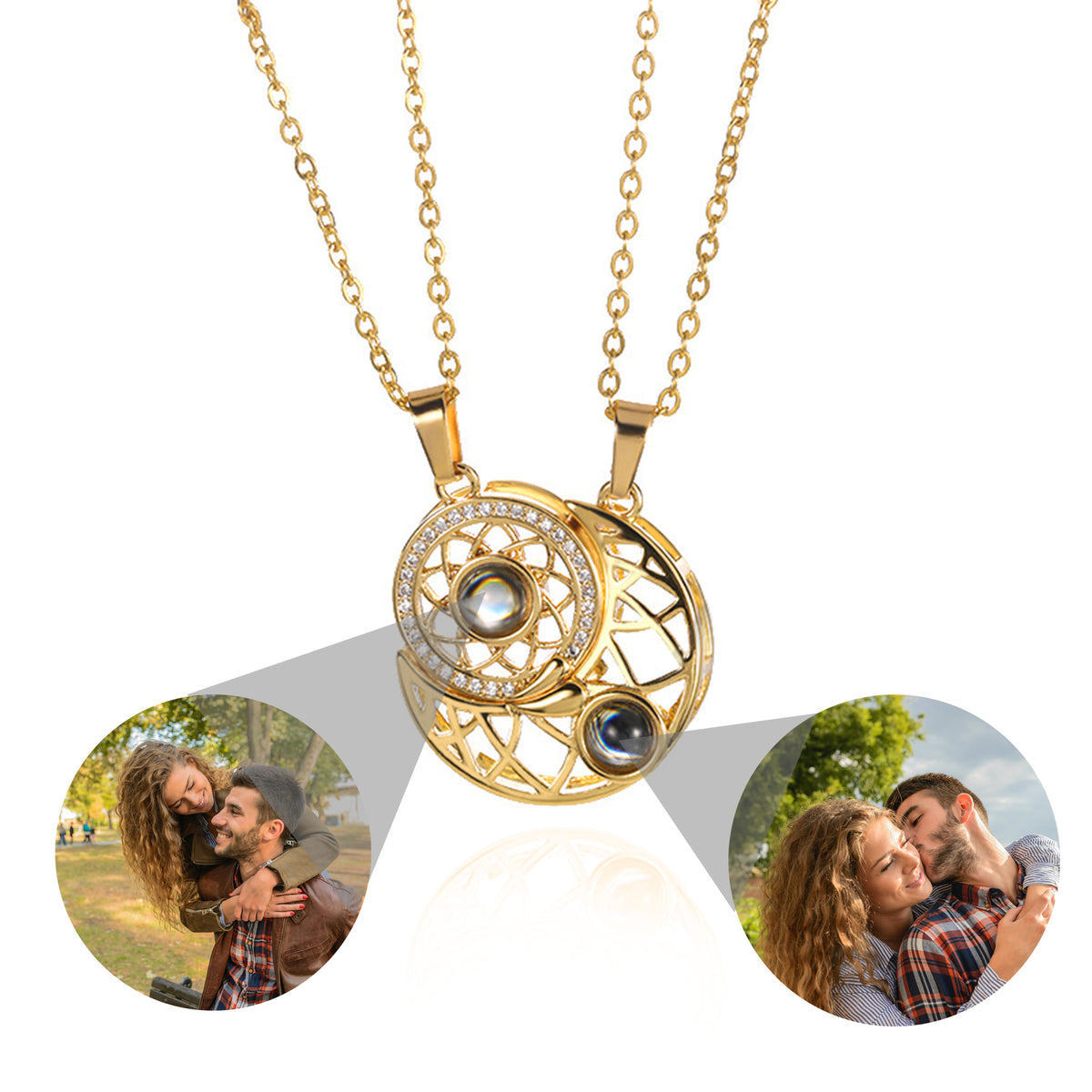 Ciondolo per proiezione di foto personalizzato con collana di coppia Sun Moon personalizzata da 2 pezzi