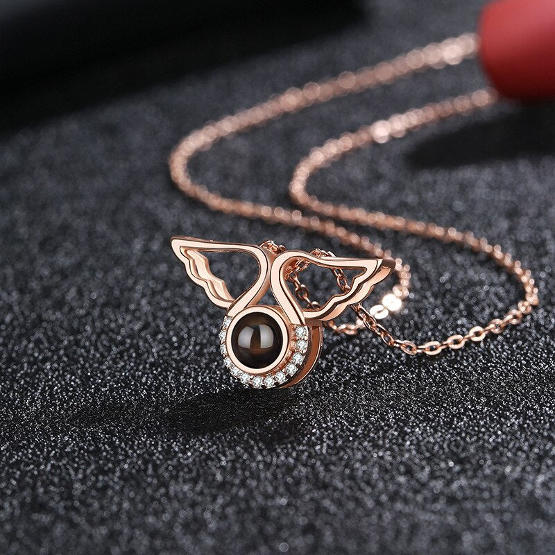 Custom Angel Wing Round Projection Necklace Personalized Photo Projection Name Necklaces