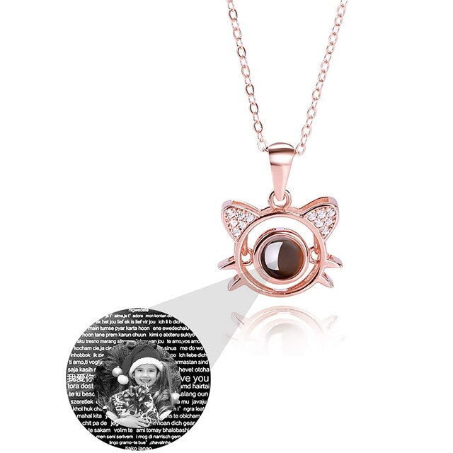 Cute Cat Shaped Projection Pendant Personalized Custom Photo Name Necklace