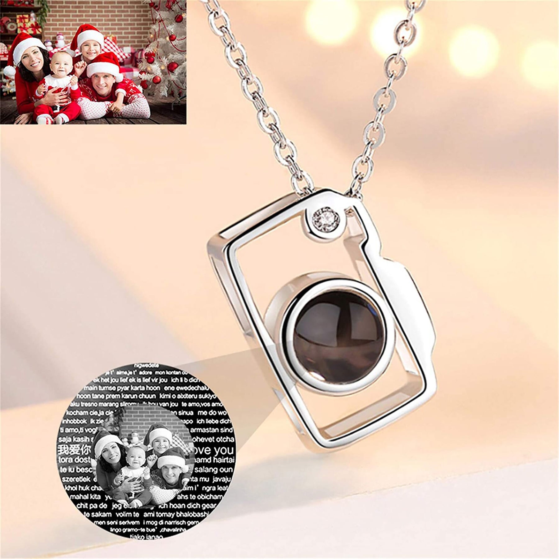 Collana di proiezione a forma di fotocamera classica personalizzata Ciondolo con nome personalizzato con foto