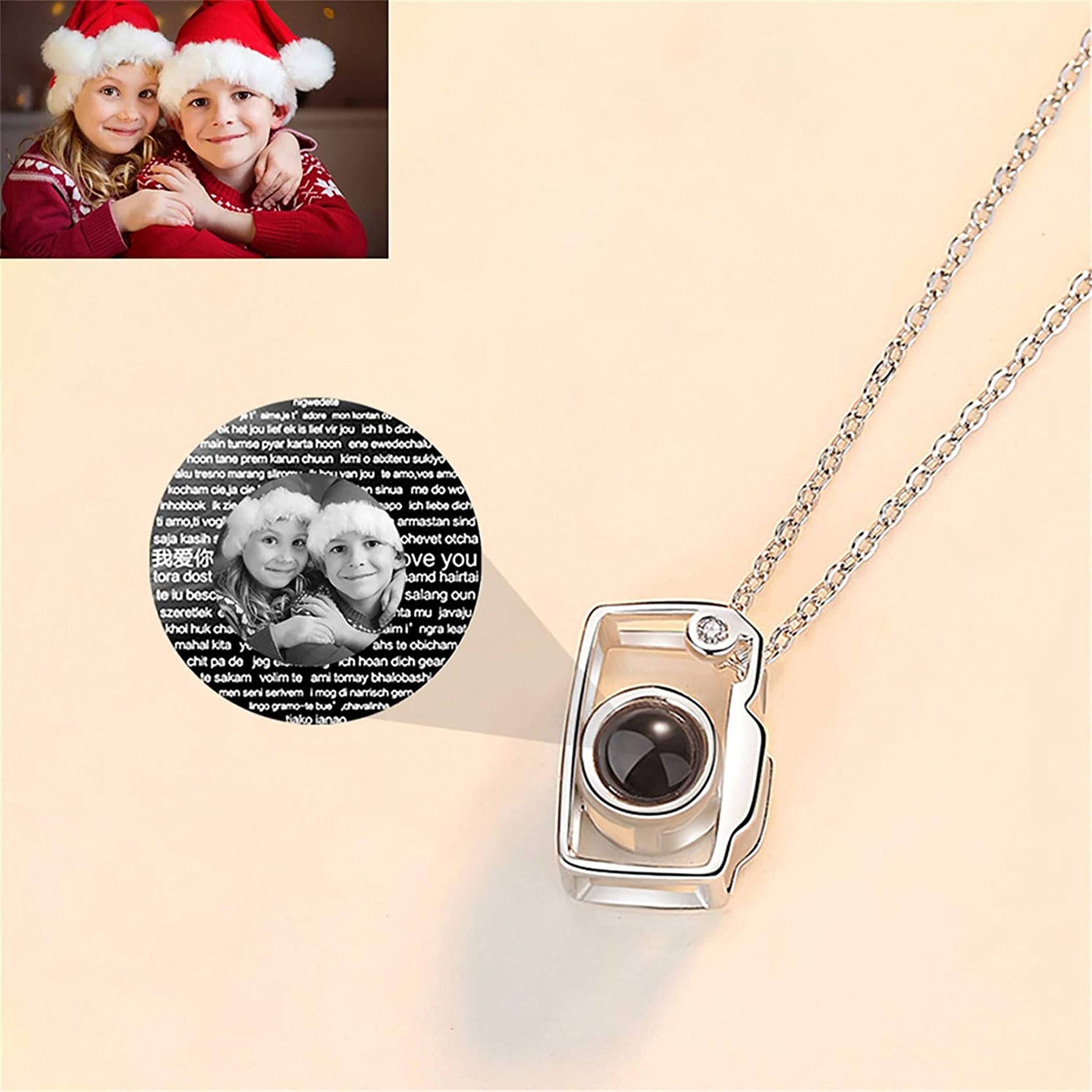 Collana di proiezione a forma di fotocamera classica personalizzata Ciondolo con nome personalizzato con foto