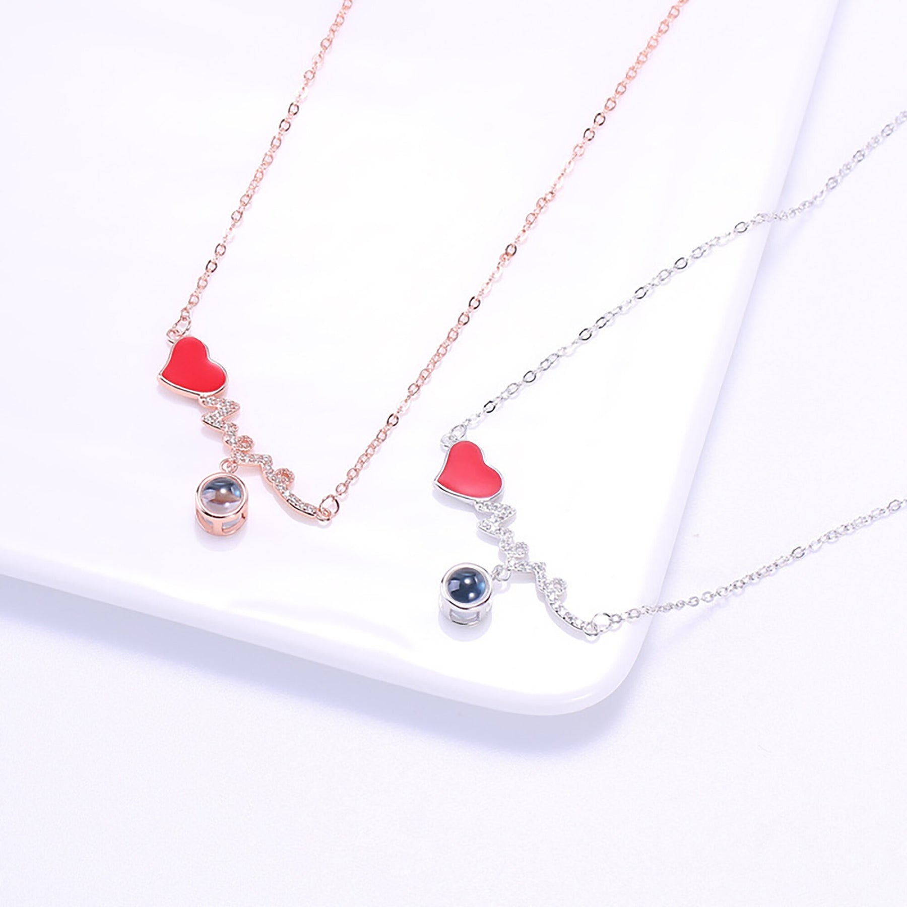 Customized Photo Name Red Heartbeat Necklace Personalized Crystal Projection Pendant